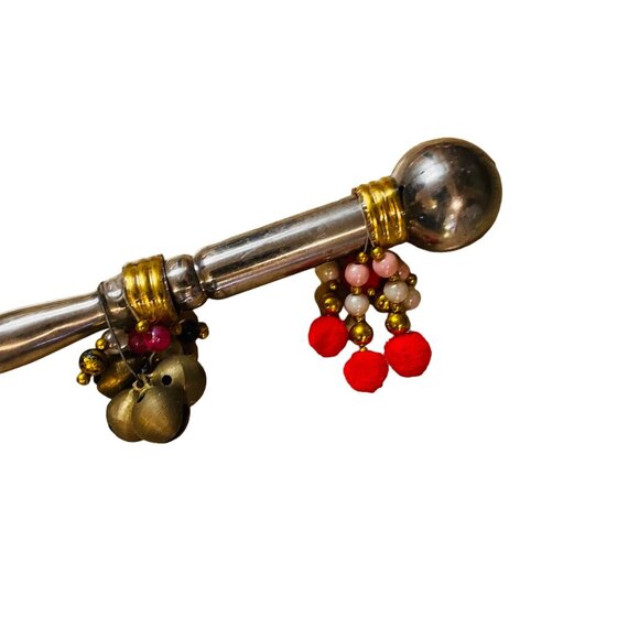 Antique Indian Silver Plated Brass Handcrafted Pair Of Dandiya Sticks With Bells - Picture 6 of 9